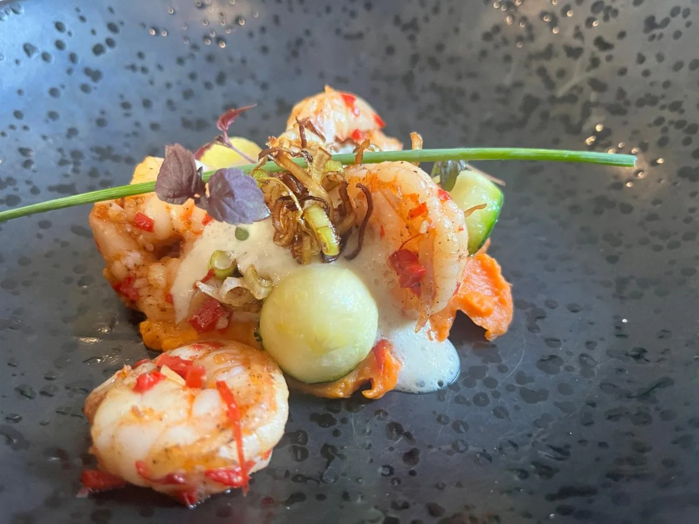 Voorbeeld van Gamba’s in knoflook-chiliolie met schuim van kokos-limoeng Courgette, krokante prei & zoete aardappelcreme