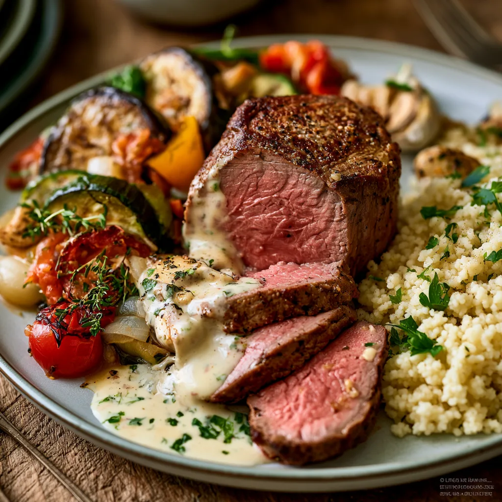 Ossenhaas met Geroosterde Knoflooksaus, Ratatouille en boterachtige couscous