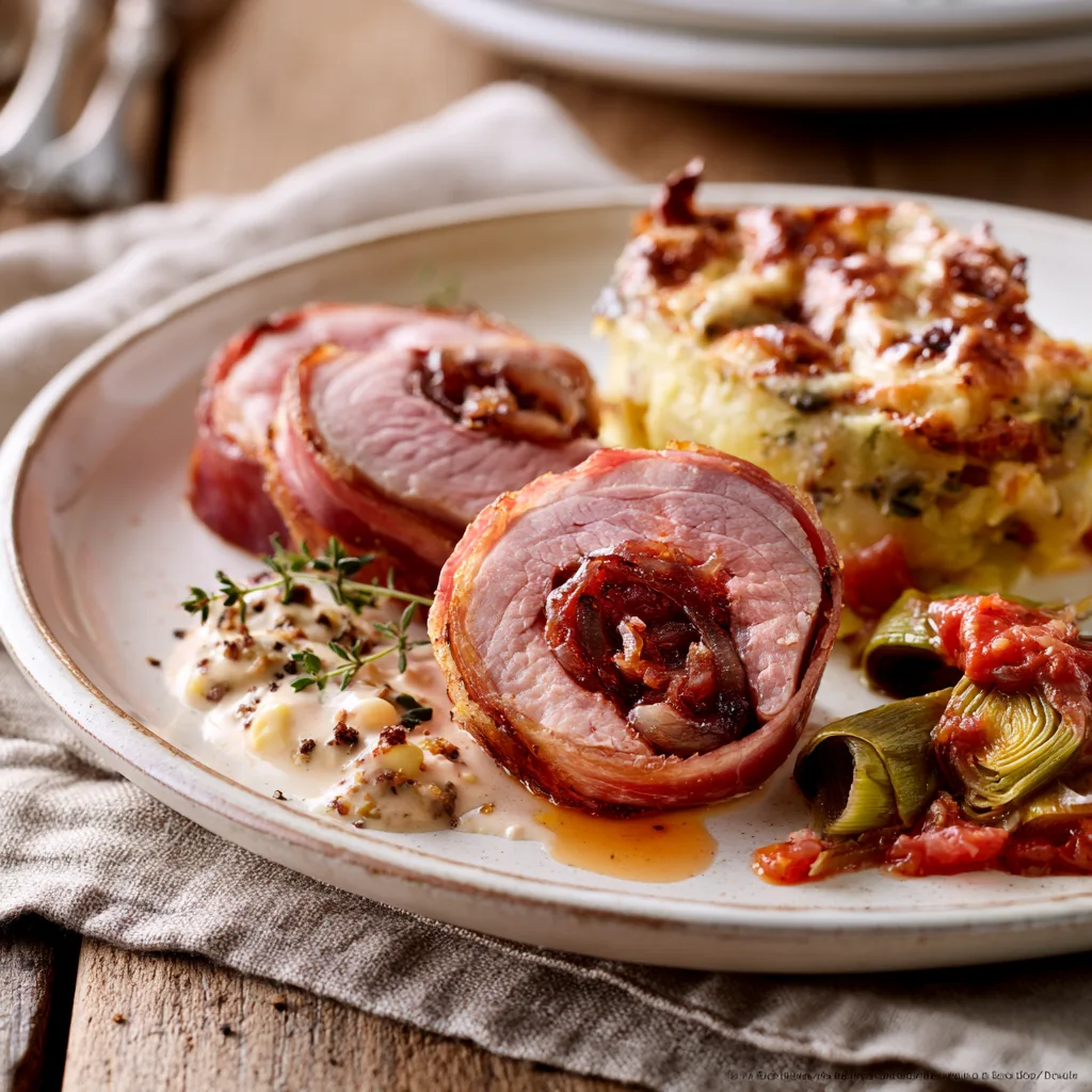 Voorbeeld van Varkenshaas het gekonfijte ui, gestoofde prei en aardappelgratin