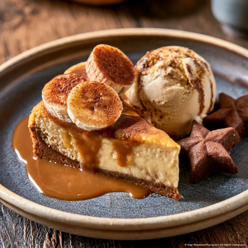 Voorbeeld van Cheese cake van banaan met toffee saus en steranijs-ijs