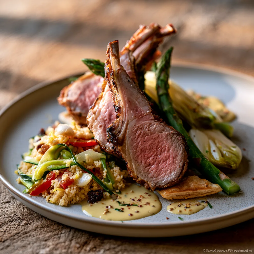 Voorbeeld van Lamsrack met couscous en groene asperges