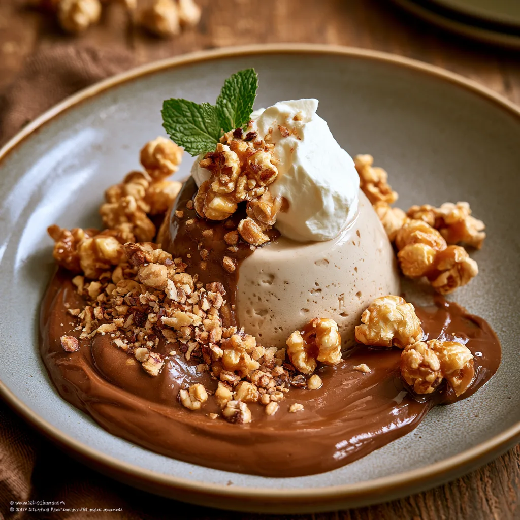 Voorbeeld van Hazelnoten panna cotta, met chocolade en hazelnoten crème en toffee popcorn