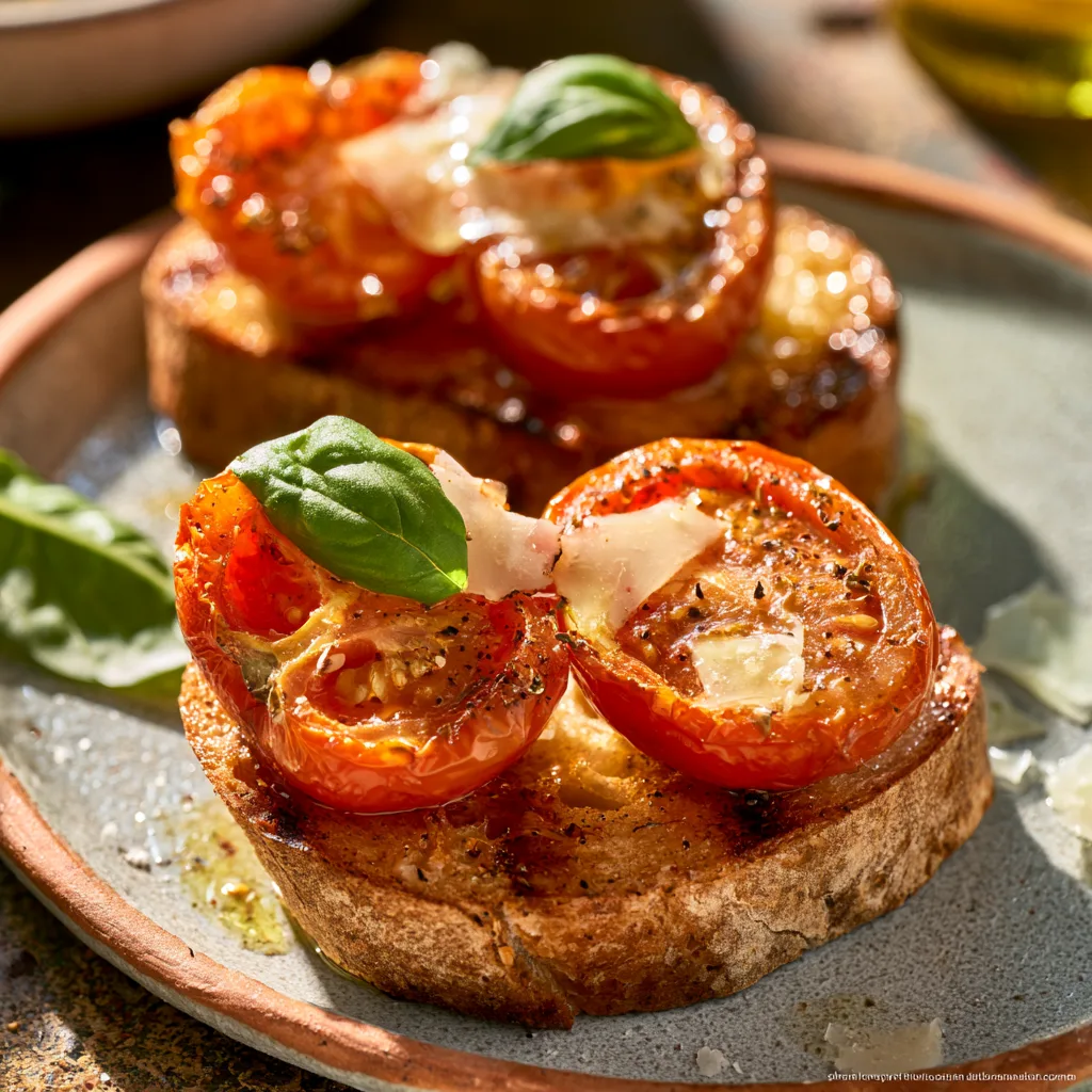 Voorbeeld van Bruschetta met geroosterde tomaten en pecorino
