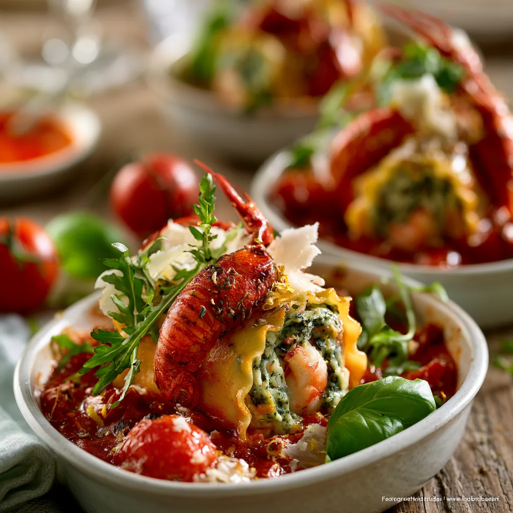 Voorbeeld van Pastarolletjes met rivierkreef en basilicum in tomatensaus