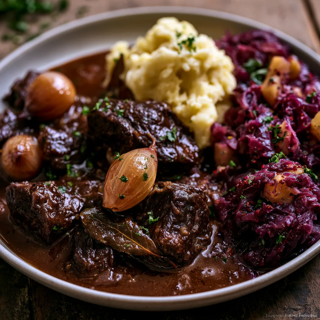 Voorbeeld van Hachee met puree en rode kool