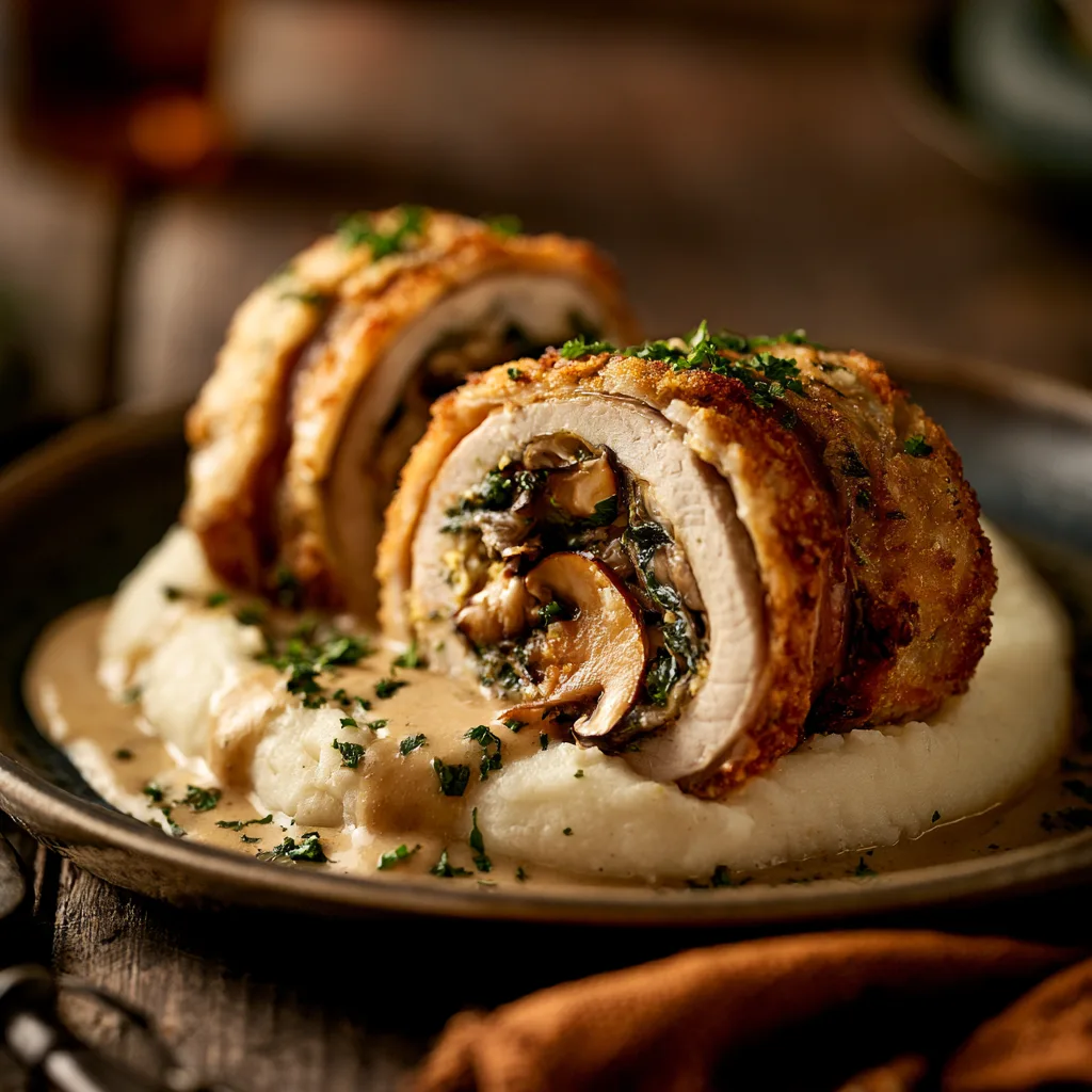 Voorbeeld van Kalfsschnitzel gevuld met bospaddestoelen, dragonsaus en knolselderij-aardappelpuree