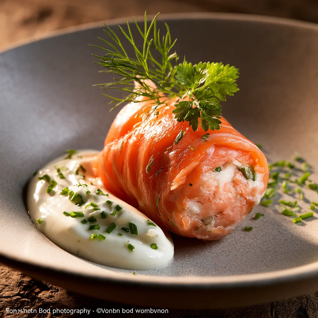 Voorbeeld van Bonbon van gerookte zalm gevuld met een mousse van gerookte forel