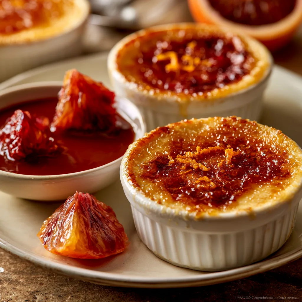 Voorbeeld van Crème brulée met een saus van bloedsinaasappel