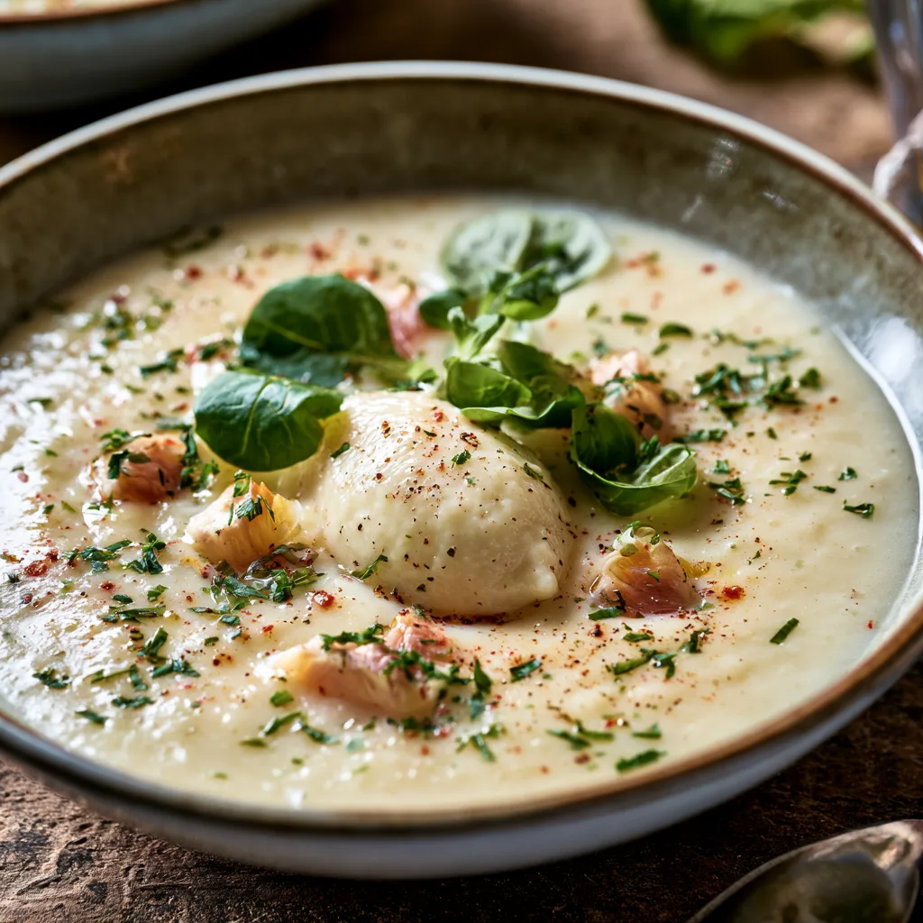 Voorbeeld van Schorsenerensoep met gerookte forel