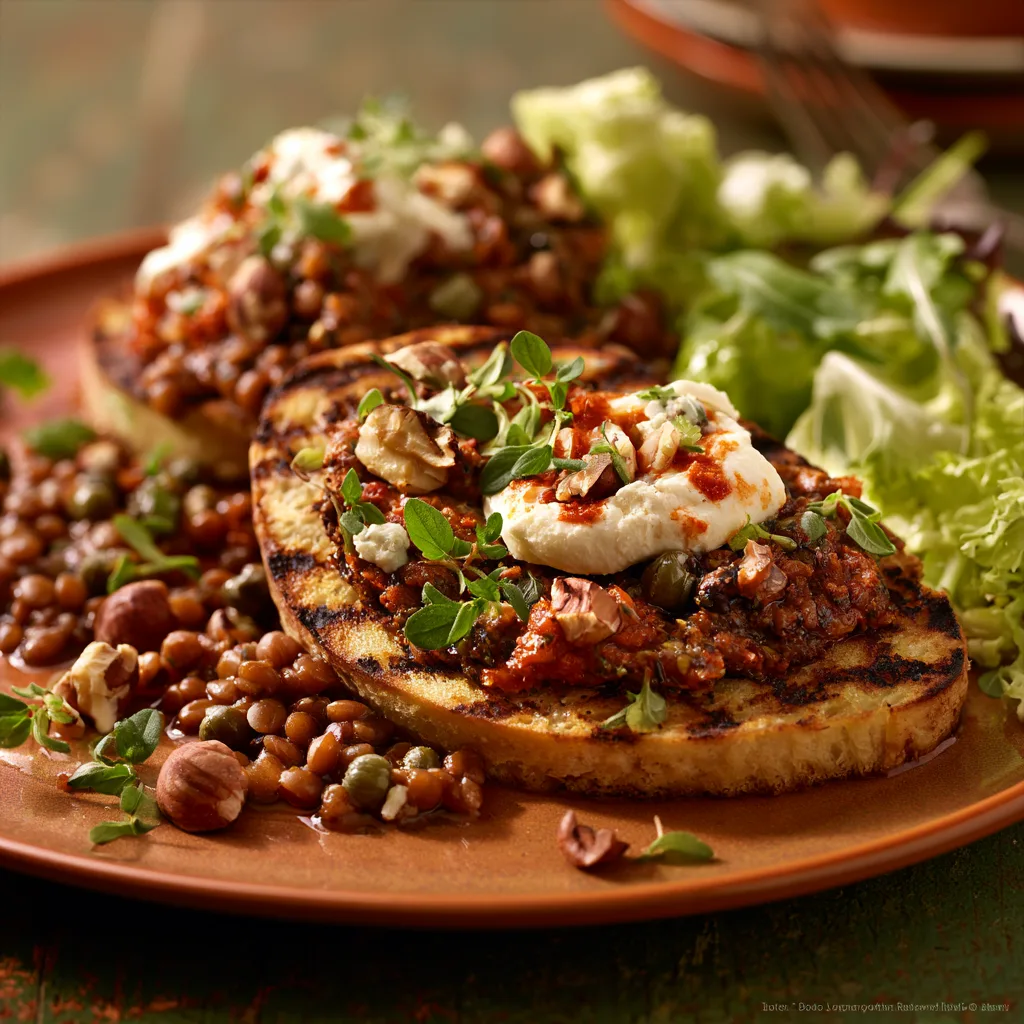 Voorbeeld van Warme Linzensalade met tomatenroom en tapenade