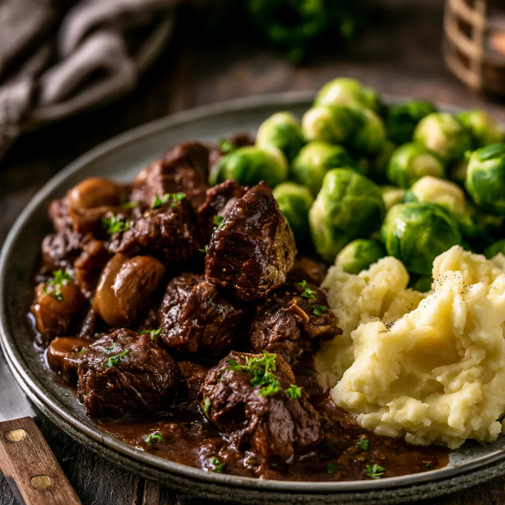 Voorbeeld van Wildstoof met aardappelpuree en spruitjes