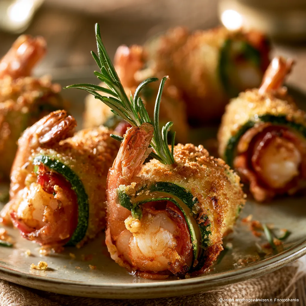 Voorbeeld van Rolletjes van gebakken courgette, garnalen en bacon