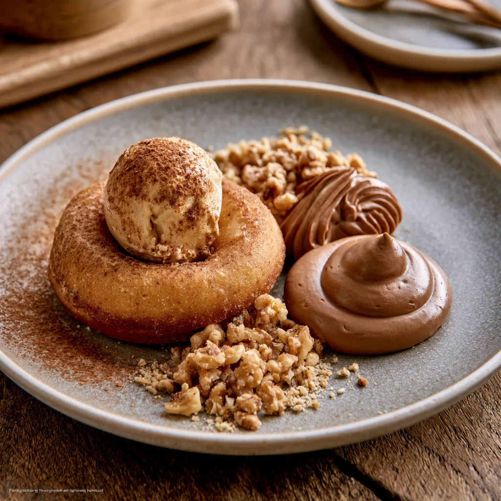 Voorbeeld van Donut met kaneelijs en mousse van noten