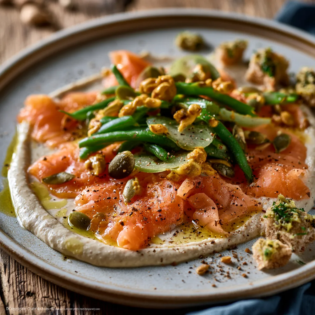 Voorbeeld van Carpaccio van zalm met piccalilly en salade van bonen en crème van witte bonen