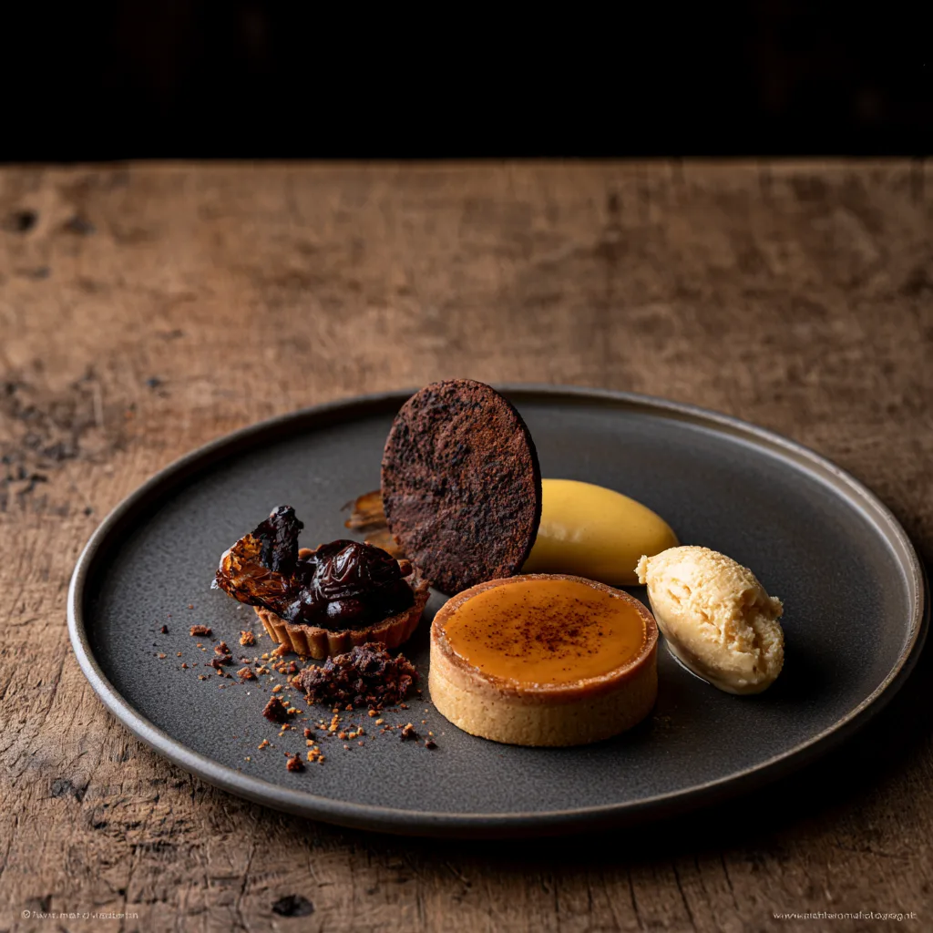 Voorbeeld van Karamel taart, chocolade koekjes, pruimentartaar en gele room