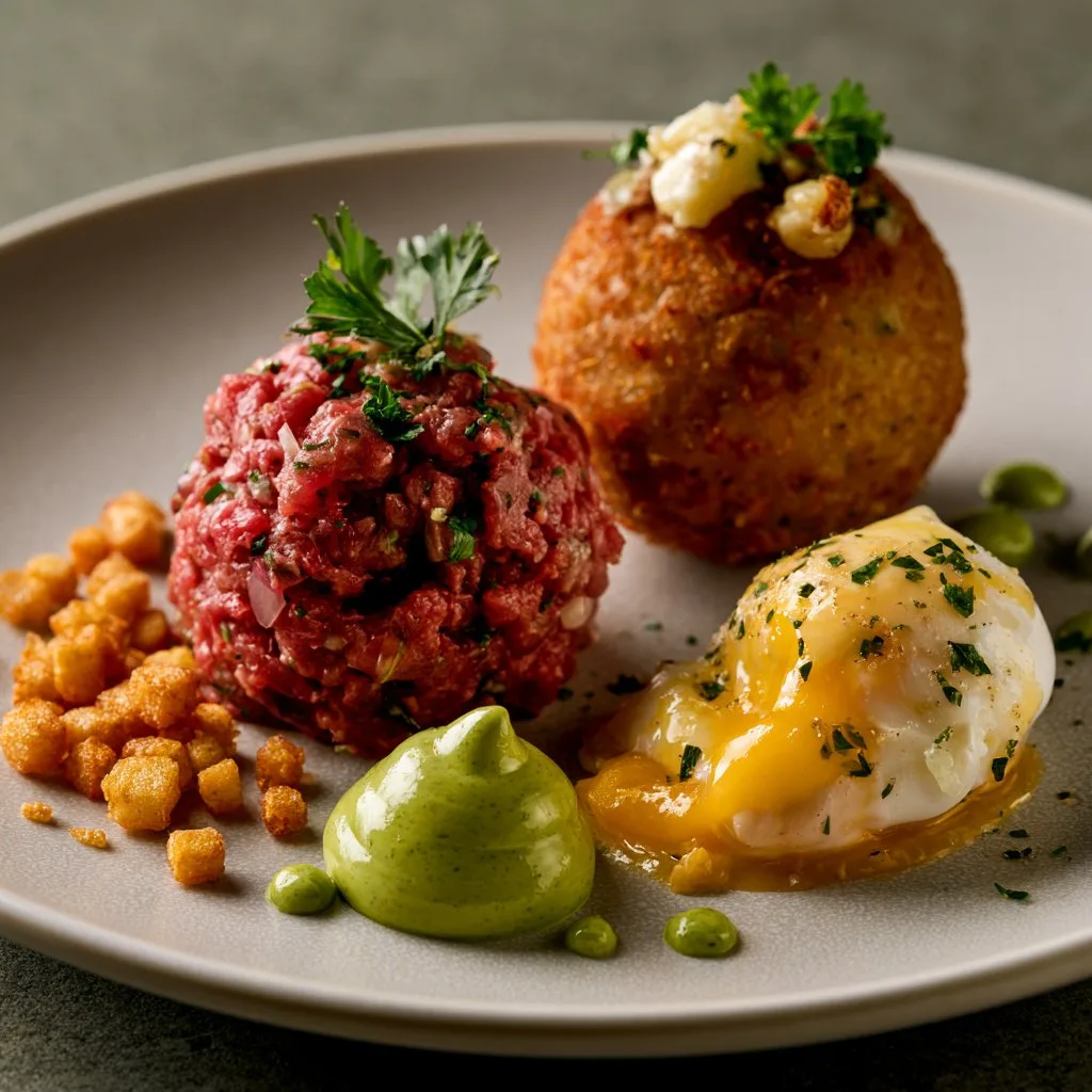 Voorbeeld van Steektartaar met aardappelkrokantjes, dragonmayonaise en gepocheerde eidooier