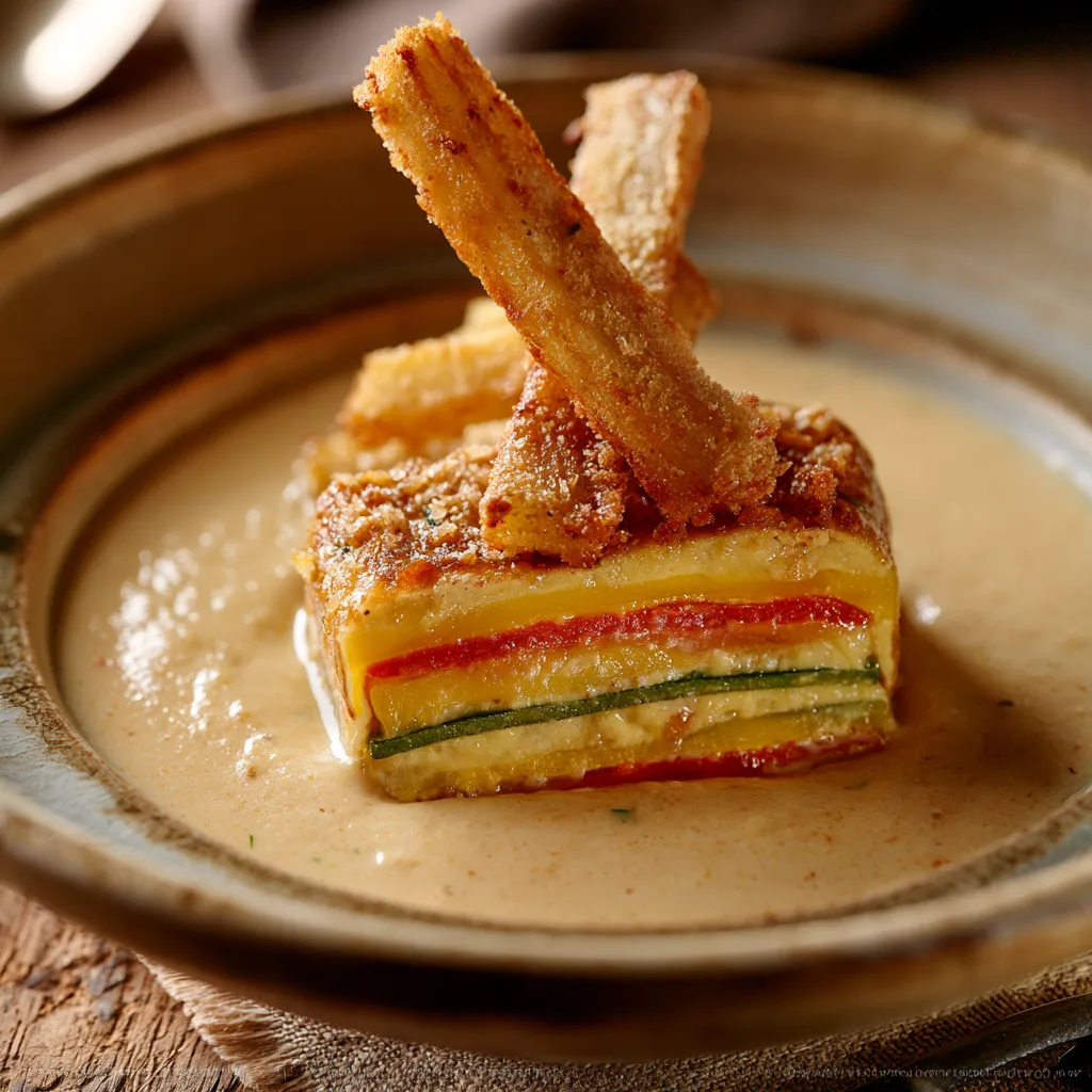 Voorbeeld van Schorsenerensoep met terrine van courgette en paprika en gefrituurde schorseneer