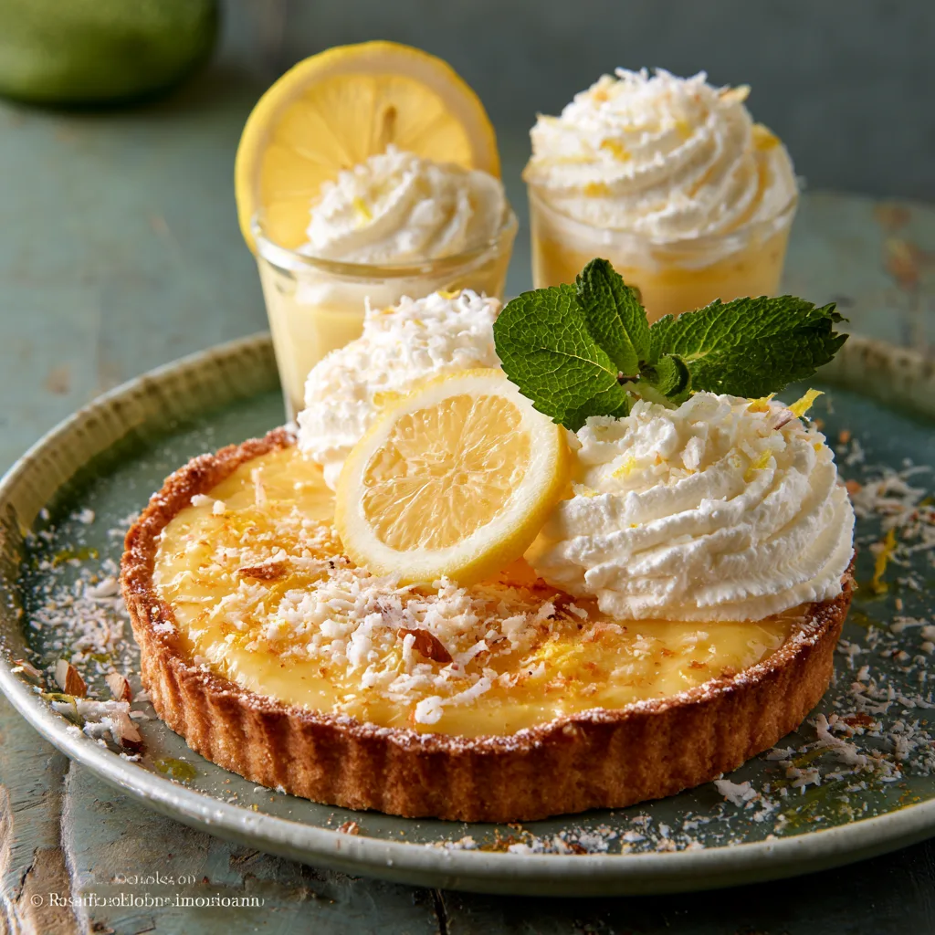 Voorbeeld van Citroen taart met kokos mousse en parfait van limoncello
