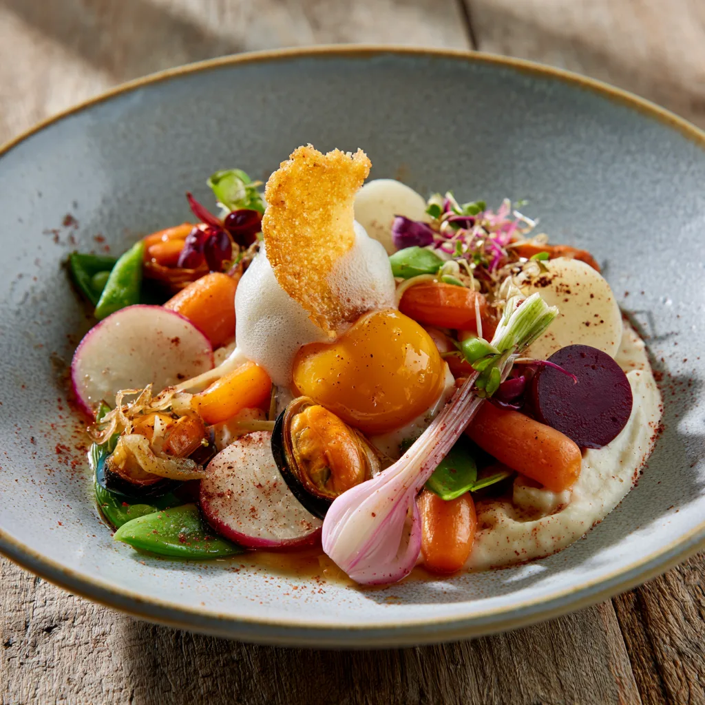 Voorbeeld van Groenten garnituurtjes met mosselen, crème van knolselderij en een schuim van paprika