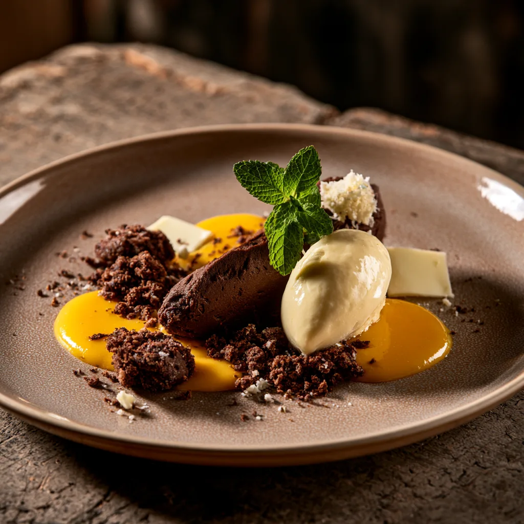 Voorbeeld van Hemelse modder, sinaasappelsaus, crumble van bokkenpootjes en gelei van witte choco