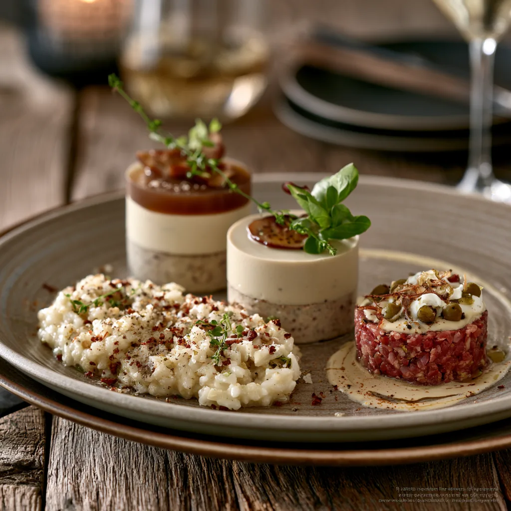 Voorbeeld van Champignonpuree met champignongelei en madeira-sherryroom en champignonrisotto en tartaar van kalf