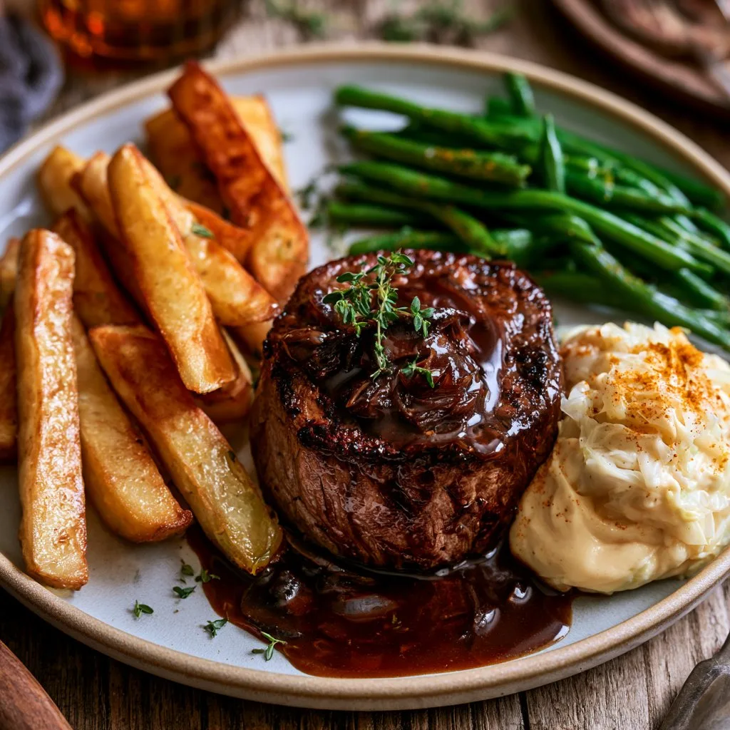Voorbeeld van Tournedos met een rodewijnsaus, eigen gemaakte friet en mayo met spitskool
