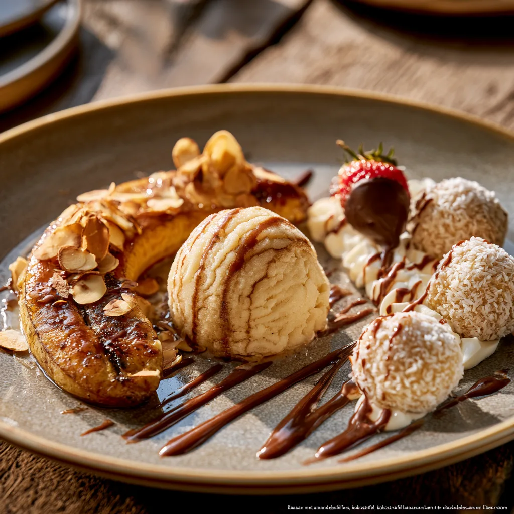 Voorbeeld van Banaan met amandelschilfers, kokostruffel, bananensorbet, chocoladesaus en likeurroom
