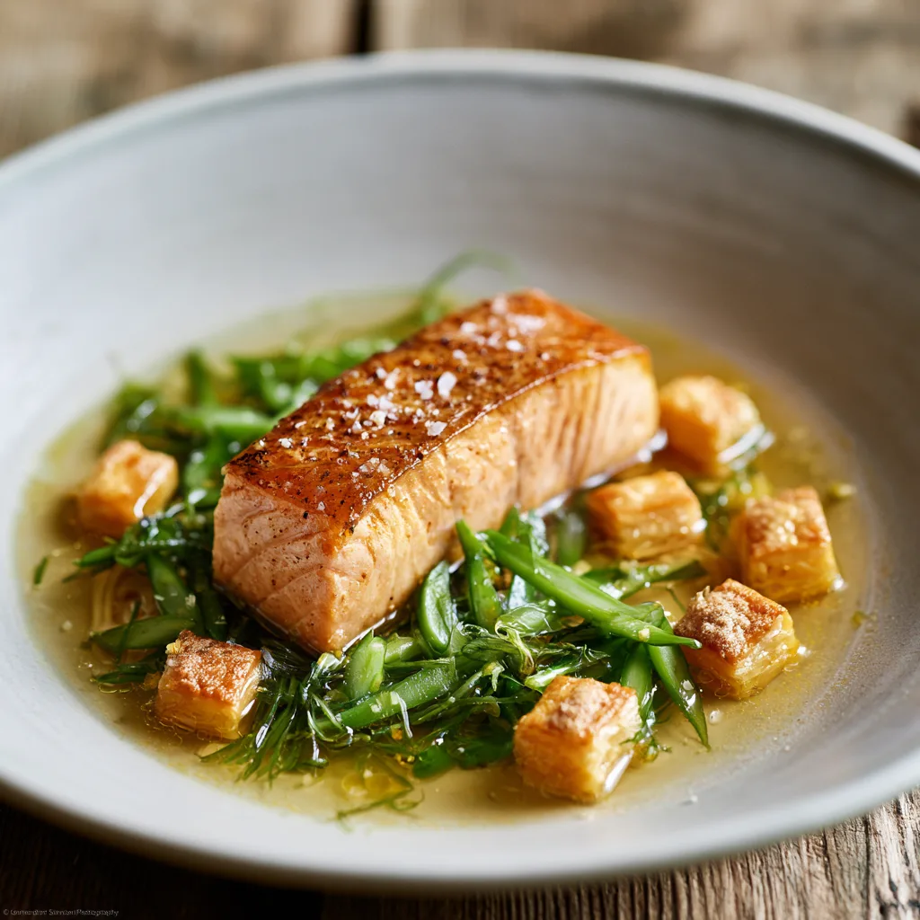 Voorbeeld van A la minute gerookte zalm met specerijen bouillon
