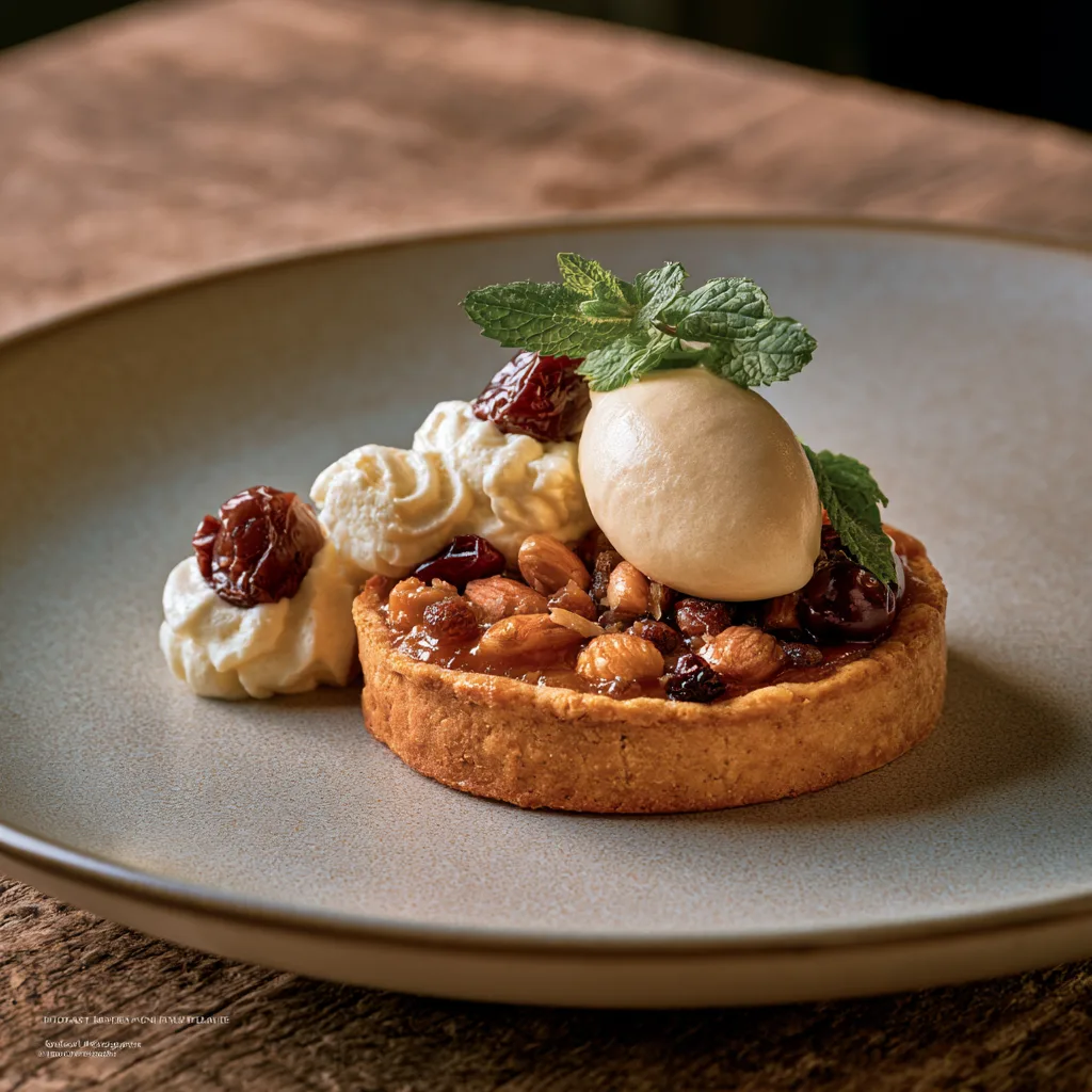 Voorbeeld van Honing/amandeltaartje met witte chocolade mousse en witte chocolade –mokka sorbet