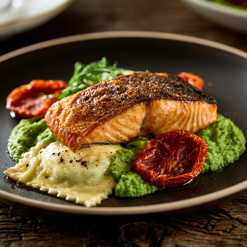 Voorbeeld van Scholfilet met rucola pesto en ravioli