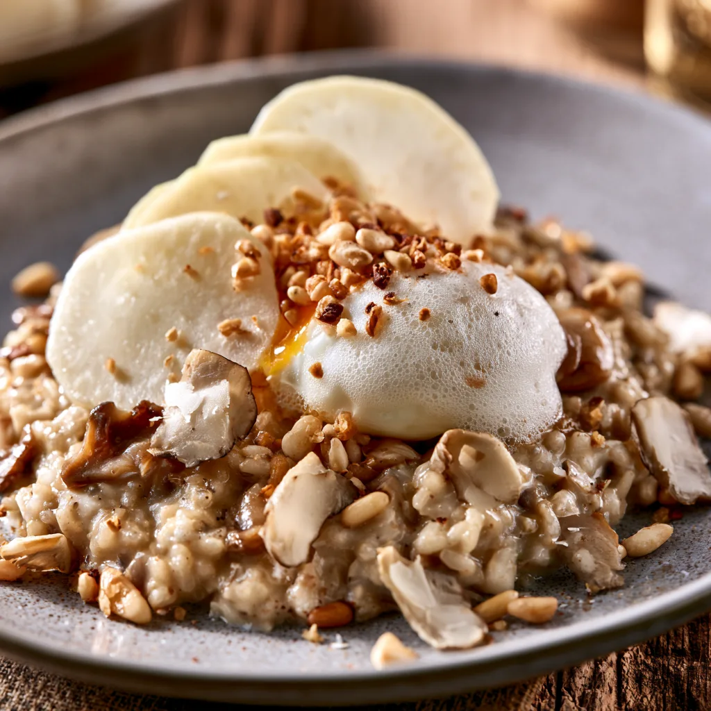 Voorbeeld van Risotto met paddenstoelen en koolrabi gepocheerd ei en Parmezaanse schuim