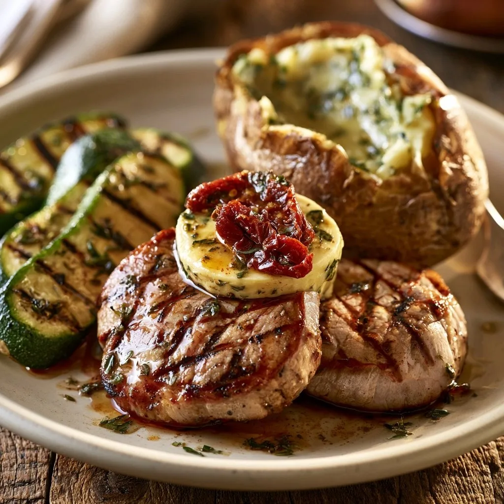 Voorbeeld van Gemarineerde kalfsmuis met gedroogde tomatenboter, gegrilde courgette en een gepofte aardappel