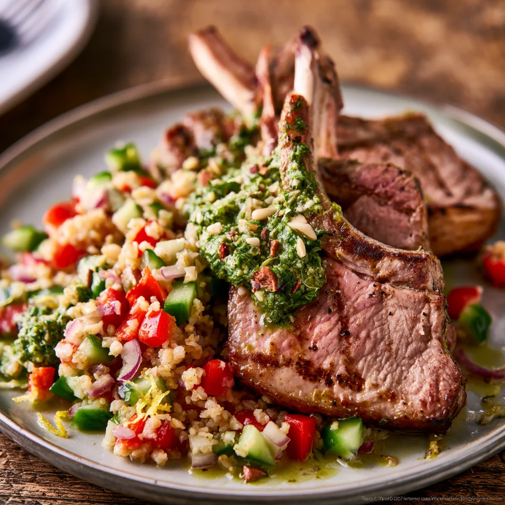 Voorbeeld van Bulgursalade met lamskoteletjes & amandelpesto