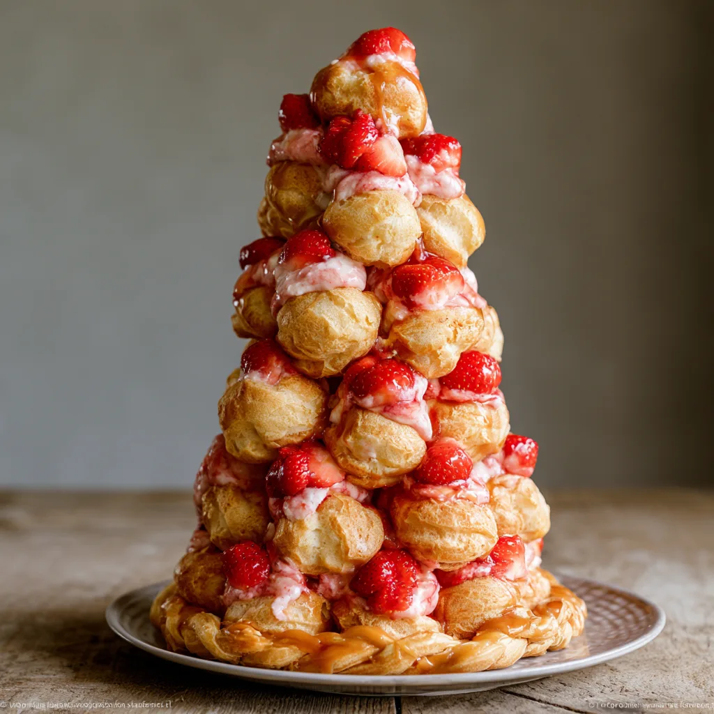Voorbeeld van Soesjes taart (Saint Honore) met aardbeienmousse en aardbeien