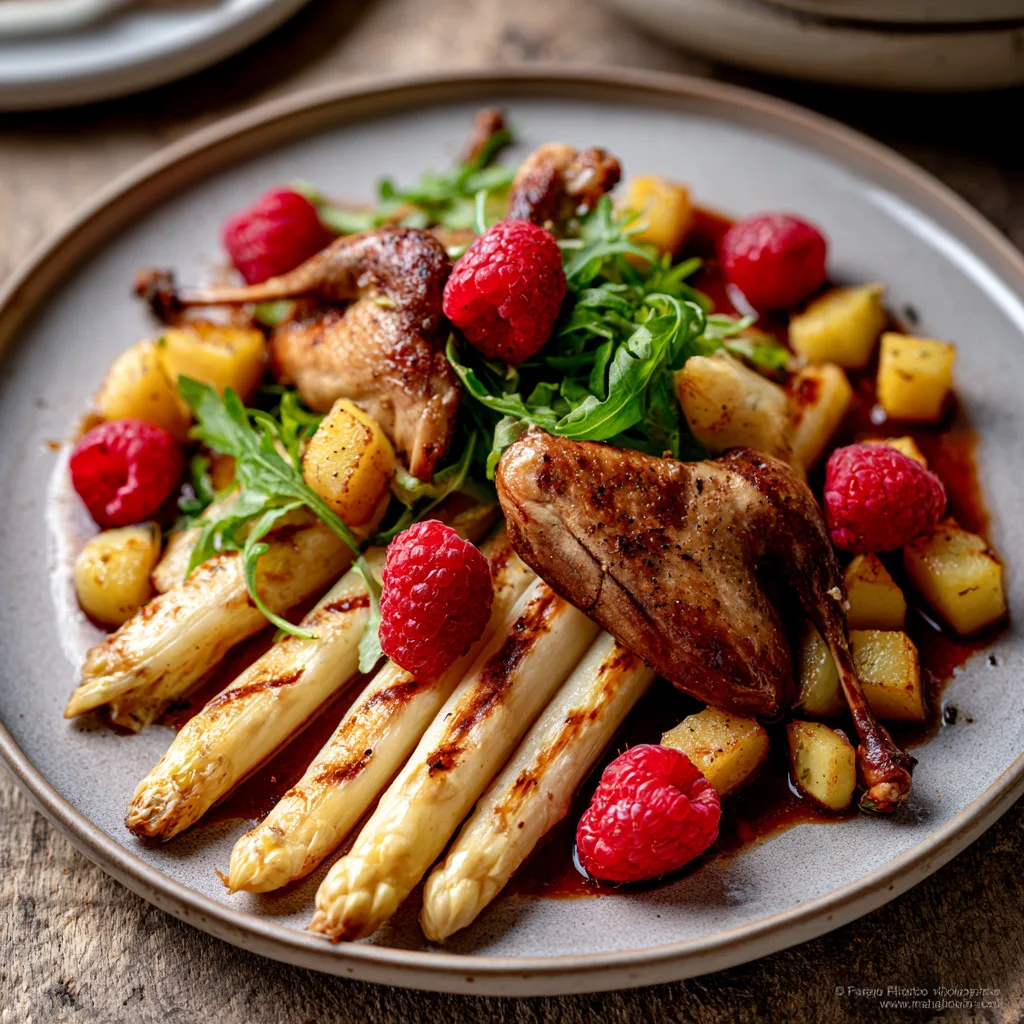Voorbeeld van Asperges met een kwarteltje en frambozen