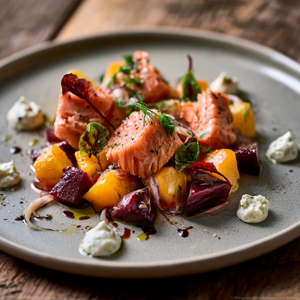 Voorbeeld van Gerookte zalm met een bietensalade en mierikswortel crème fraîche
