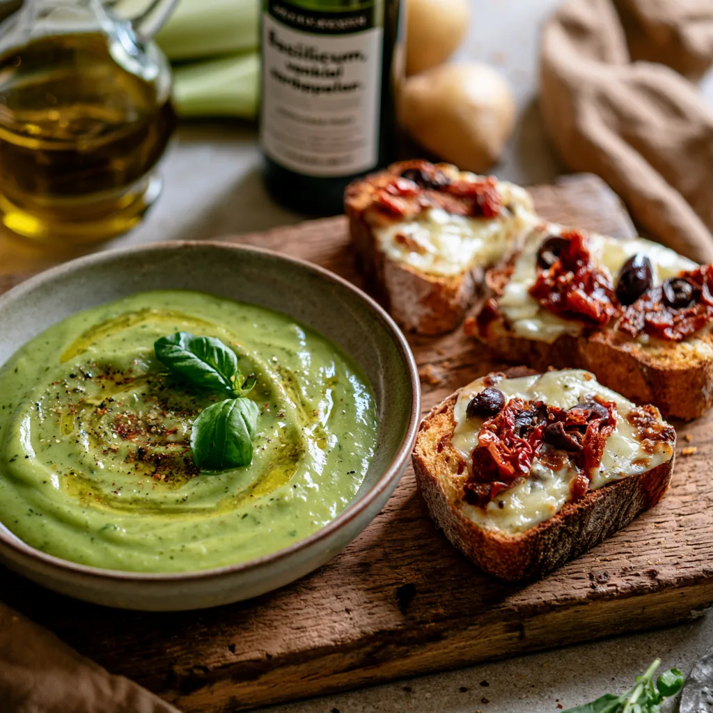 Voorbeeld van Basilicum, venkel en aardappelsoep met Mediterrane kaas croutons