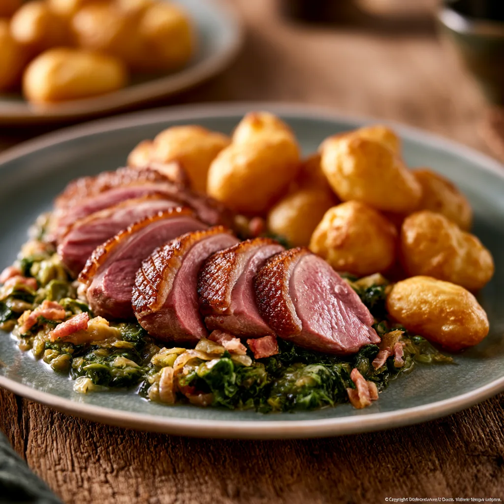 Voorbeeld van Gebraisseerde eendenborstfilet met savooie kool en Dauphine-aardappeltjes
