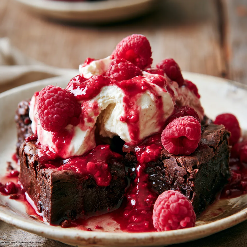 Voorbeeld van Chocolade brownie met frambozenmascarpone en frambozencoulis