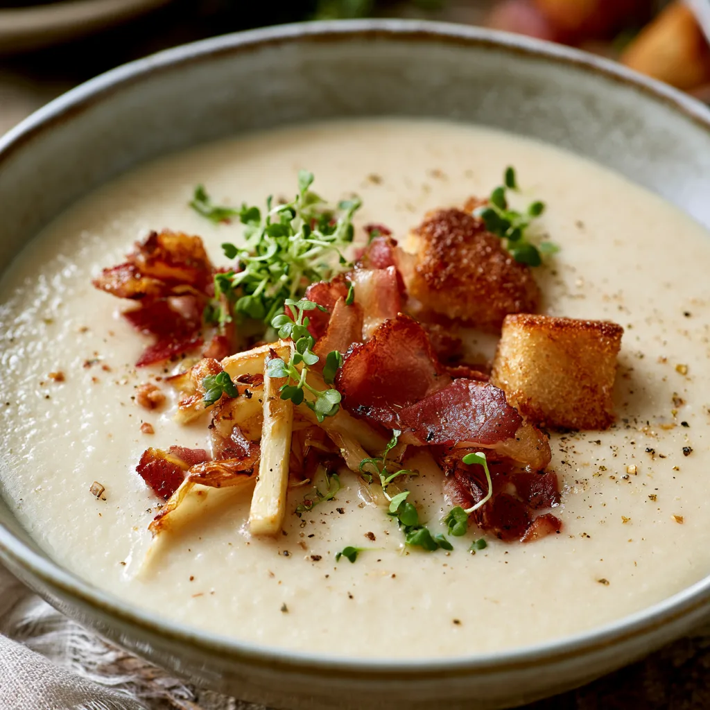 Voorbeeld van Romige soep van knolselderij met krokante pancetta en croutons