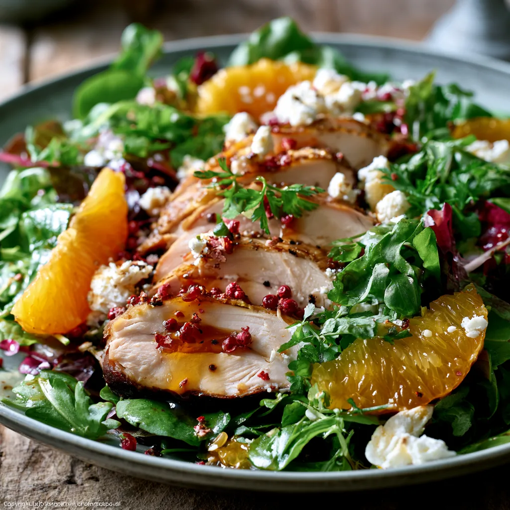 Voorbeeld van Salade van gerookte kip met sinaasappel, feta en een sinaasappelinfusie