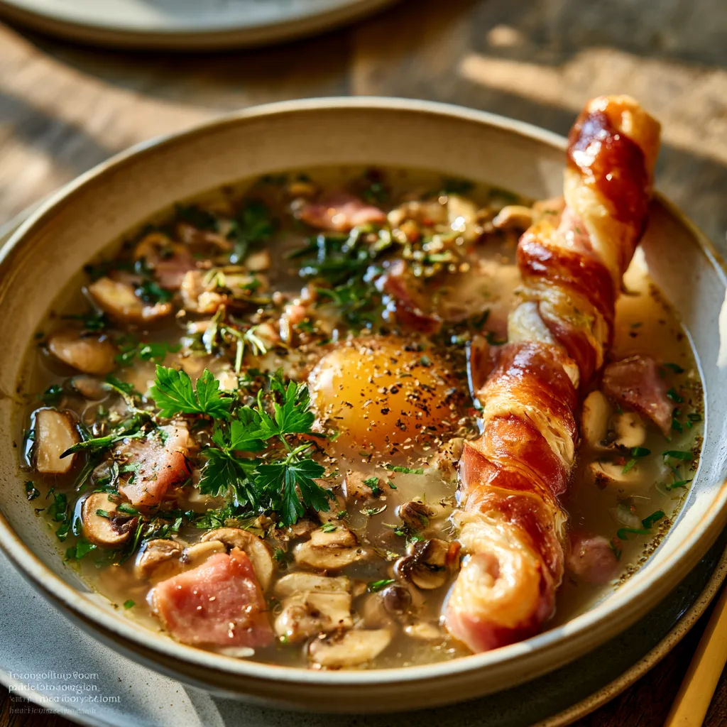 Voorbeeld van Lamsbouillon met paddestoelen en een soepstengel met parma ham
