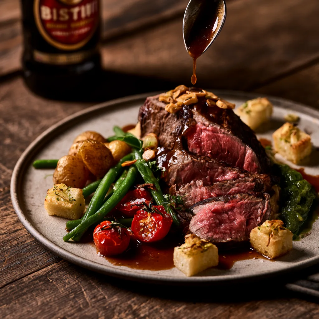 Voorbeeld van Staartstuk van Wagyu rund met een saus van Grand Prestige