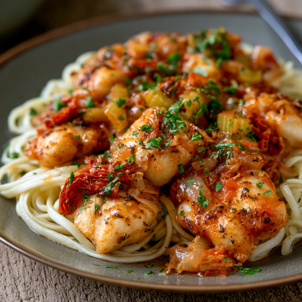 Voorbeeld van Zeeduivel met groenten en verse pasta
