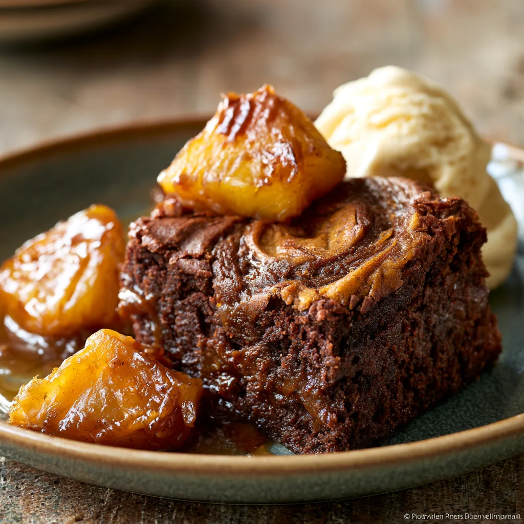 Voorbeeld van Karamel brownie met ananas en vanille-ijs
