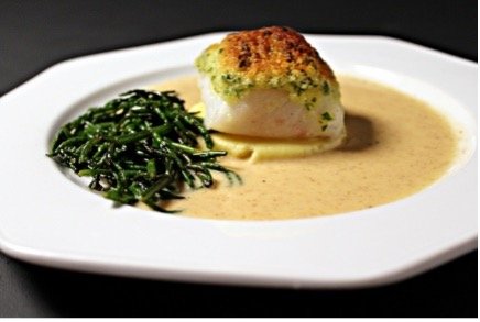 Voorbeeld van Gebakken kabeljauw met panade, aardappel-mousseline, witlofsaus en zeekraal