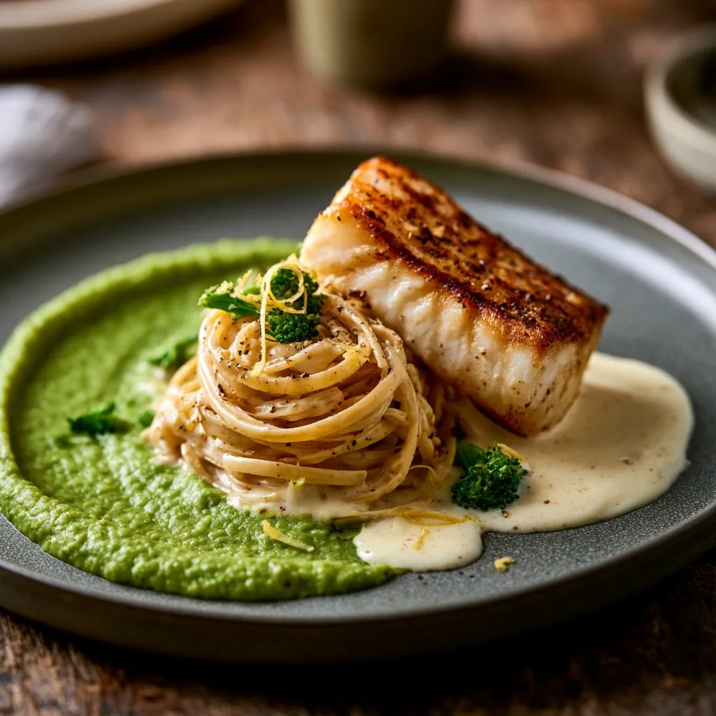 Heilbotfilet met beurre blanc, romige truffelpasta en broccoli crème