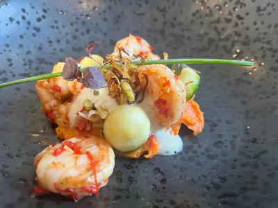 Voorbeeld van Gamba’s in knoflook-chiliolie met schuim van kokos-limoeng Courgette, krokante prei & zoete aardappelcreme
