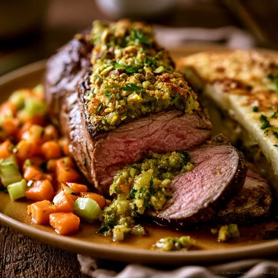 Voorbeeld van Lamsrump met een pistachekorst en pastinaakgratin