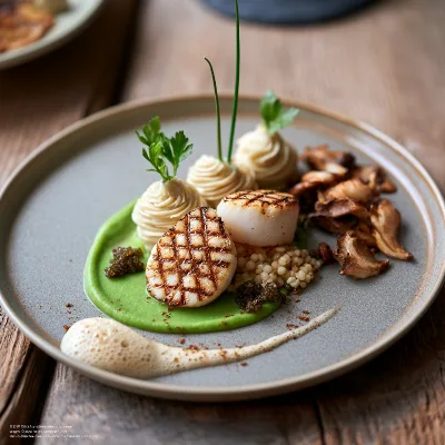 Voorbeeld van Coquilles met knolselderijpuree, parelcouscous en shiitake